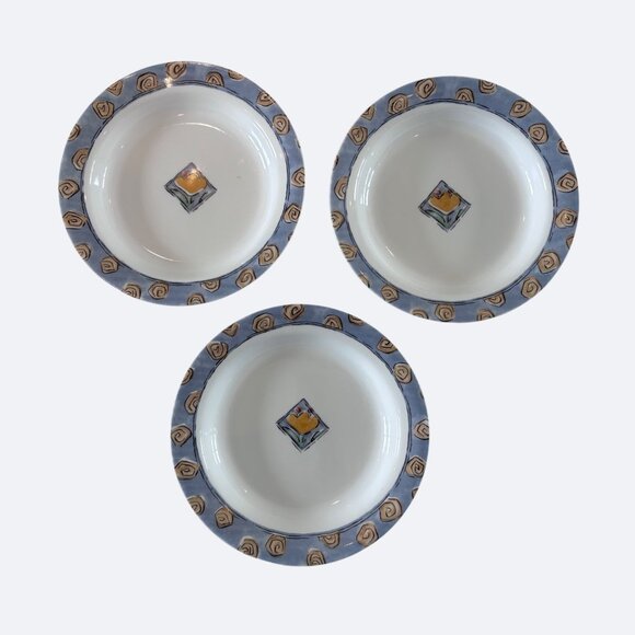 Corelle Vitrelle Impressions Watercolors Rimmed Soup Bowl Salad Set 3 EUC - Picture 1 of 7